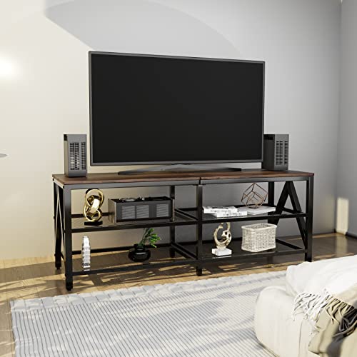 Katrawu Tv Stand For 60 65 Inch Tv, Long 55" Entertainment Center 3-Tier Tv Console Steel Frame Industrial Style Tv Cabinet With Metal Frame For Living Room, Rustic Brown Wooden And Black #TOP6