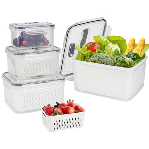 LPAMABA 4 Set Recipientes de Almacenamiento Fresco con Colador y Tapa organizadores de refrigerador para Verduras Frutas Contenedor de Plástico Recipientes de almacenamiento de alimentos frescos