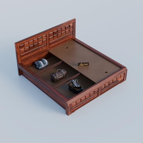 Image of Solid Sheesham Wood Queen Size Bed with Storage Box | Double Bed for Bedroom | Big Diamond Design Wooden Double Bed Cot for Home & Hotels | Rosewood, Honey Finish