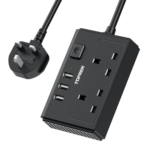 TOPREK Power Strip with USB Slots, 2 Way Extension Lead Outlets with 2 Smart Electrical Sockets & 3 USB A Ports(5V/3.1A), 1.5M Extension Cord & 1 Switch, 3250W/13A, Extension Cord for Home Office
