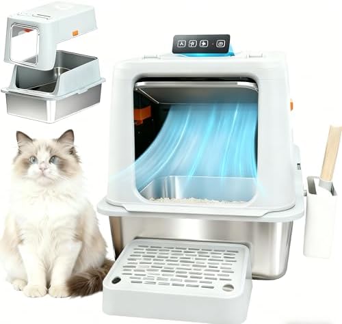 F8 Self-Cleaning Cat Litter Box — shown in a real home setting for scale