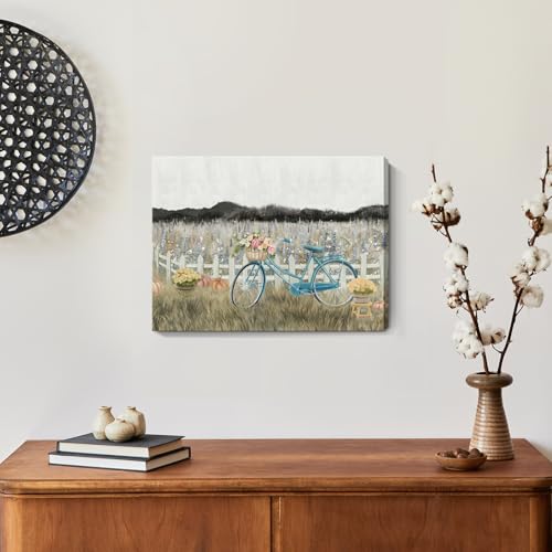 Farmhouse Decor Bathroom Fall Wall Art Vintage Boho Landscape Nature Canvas Picture Mountains, Bicycle Lavender Flowers Floral Neutral Small Artwork for Modern Organnic Country Rustic Cottagecore Bedroom — view 4