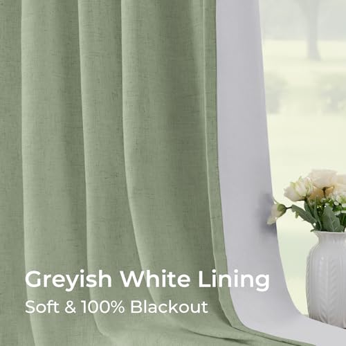 Pinch Pleated Blackout Curtains 108 Inches Long, Linen Blend, 100% Blackout Drapes with 20 Hooks, Ideal for Bedroom and Living Room, 40" W x 108" L (Pack of 2), Light Sage