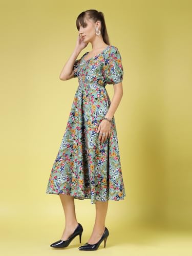 Image of OOMPH! Below Knee Shift Pink Dress in Crepe Fabric with Round Neck and Puff Sleeves - md619l