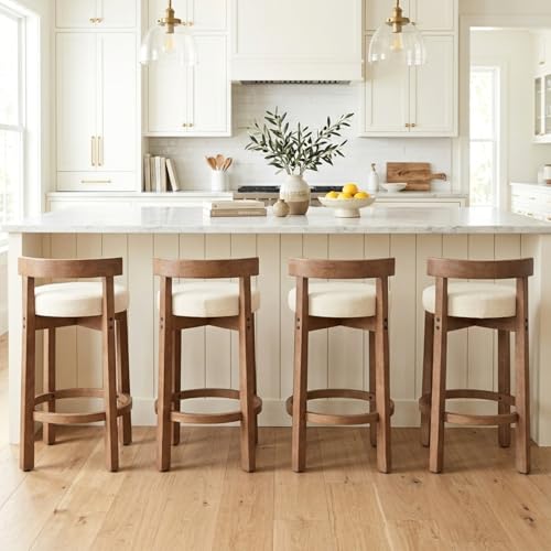 Image of CIMOTA 26.5 inch Counter Height Bar Stools Set of 4 | Mid Century Modern Low Back Bar Chairs with Solid Wood Legs & Linen Upholstered Seat, Kitchen Island Stools, Beige
