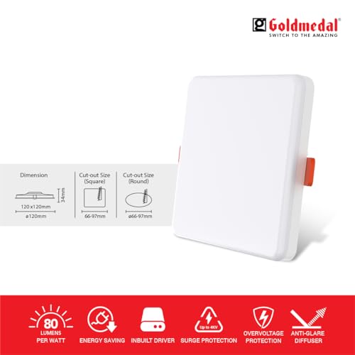 Image of Goldmedal Zion 12W LED Square Panel Light for Bedroom, Living Room, Dining Room, Kitchen - Cool Daylight (6500K) | Pack of 1