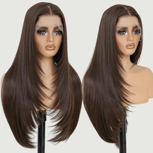 Synthetic 13x4 Lace Front Wigs Pre Plucked Chocolate Brown Straight