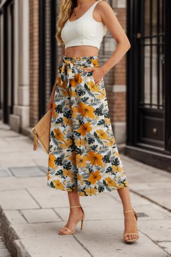 Image of IWOLLENCE Women Flowy Loose Wide Leg Pant Summer Beach Casual Trousers high Waist Adjustable Knot Business Work Casual Pants