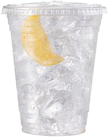 Durameg [100 Count - 16 oz.] Crystal Clear PET Plastic Disposable Cups with [No-Slot Flat Lids]