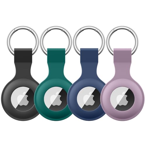 Kit com 4 Capas de Silicone para Apple AirTag Vancle com Chaveiro Antiperda, Preto, Verde-escuro, Azul-marinho e Roxo