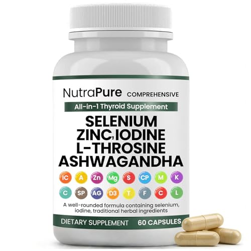 NutraPure Comprehensive Thyroid Support - Thyroid Support for Women & Men | Selenium Iodine L Tyrosine Ashwagandha Bladderwrack Turmeric Kelp Schisandra Zinc - 60 Capsules (1 Bottle)