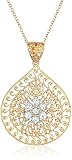 18k Yellow Gold Plated Sterling Silver Genuine Sky Blue Topaz Floral Filigree Teardrop Pendant Necklace, 18