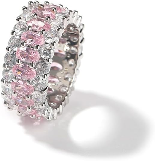 14K Gold Pink Oval Moissanite Band Ring, Triple-Row Moissanite Wedding Rings, Best Jewelry Gift for Women