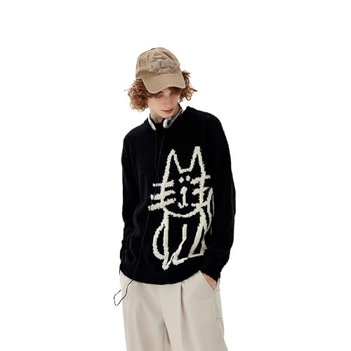 Aelfric Eden Women's Pullover Sweater Hand Drawn Cat Graphic Printed Oversized Sweater Fall Winter Fashion Couple Tops #TOP2