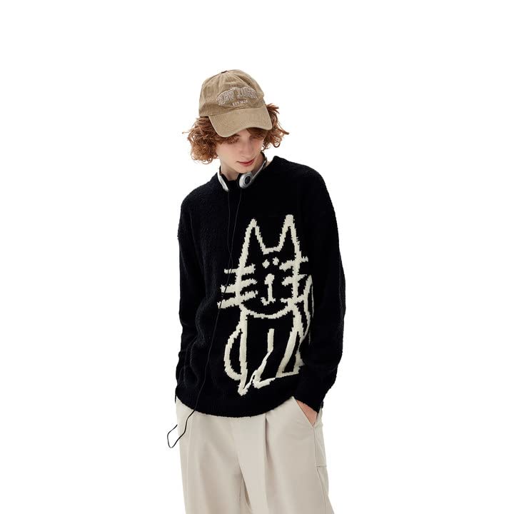 Aelfric Eden Women's Pullover Sweater Hand Drawn Cat Graphic Printed Oversized Sweater Fall Winter Fashion Couple Tops Black X-Large - image 5
