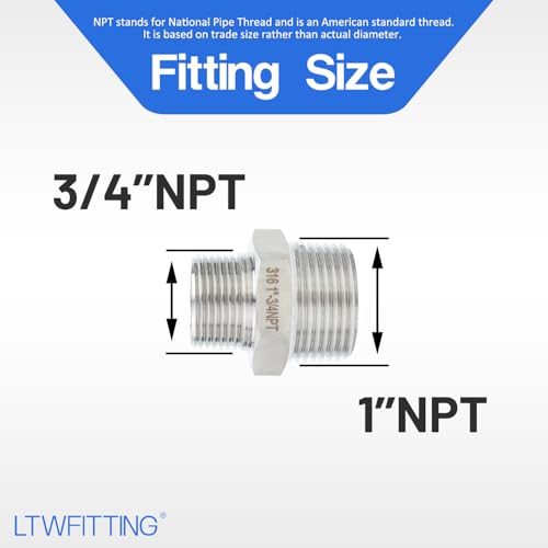 LTWFITTING Bar Production Stainless Steel 316 Pipe Hex Reducing Nipple Fitting 1" x 3/4" Male NPT Water Boat (Pack of 5) by LTWFITTING - Used condition - Image 2