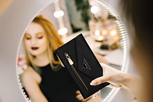 Galaxy S7 Edge Wallet Case For Women Girl Zipper Purse Magnetic Flip Folio Cover With Card Holder Shoulder Strap Leather Crossbody Phone Pouch Lanyard Case Shockproof Cover For Samsung S7 Edge Black #TOP7