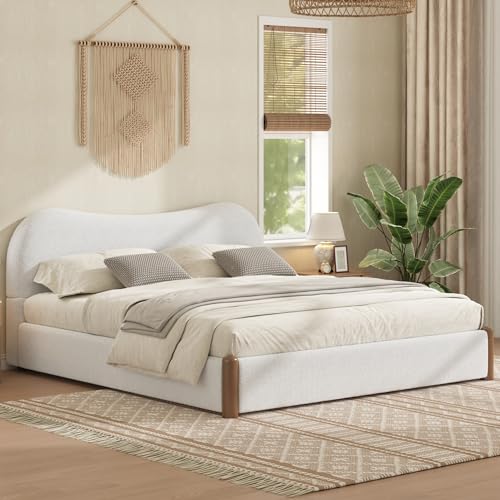 King Bed Frame with Headboard, Upholstered Platform Bed with Wood Supporting Feet, Cloud Bed Frames for Bedroom, White