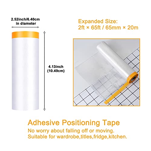 Muf 2 X 65 Feet Plastic Drop Cloth Plastic Sheeting With Masking Tape,Waterproof Protective Masking Film,Prevent Dust Paint For Car,Furniture,Carpet,Floor,1 Pack #TOP1