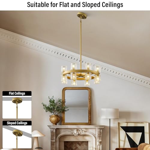 Image of 18 Inch Gold Wagon Wheel Chandelier with Crystal Shade, 16 Lights, Large Round Modern Farmhouse Style, Perfect for Living Room, Dining Room, Bedroom, Foyer, Bathroom