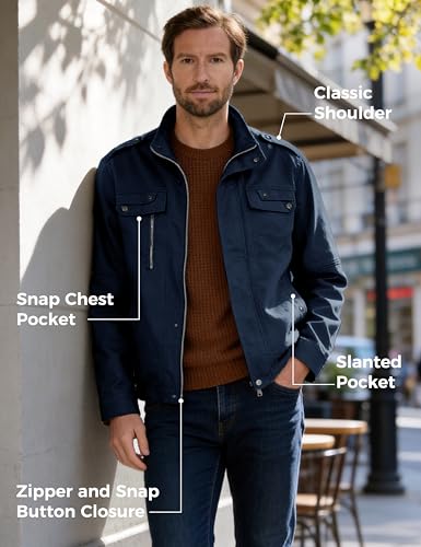 Image of wantdo Men's Cotton Lightweight Military Jacket Casual Windbreaker | Zipper and Snap Closure,Windproof,Stand Collar,Regular Fit,Versatile Outerwear,Spring Fall Daily Wear