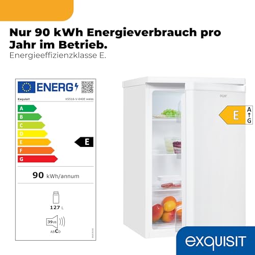 Exquisit Vollraumkühlschrank | 127 l Nutzinhalt, Energieklasse E, 39 dB(A) | kompakte Bauform, LED-Innenbeleuchtung, manuelle Temperaturregelung, Glasablagen, Gemüseschublade | KS516-V-040E weiss
