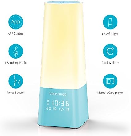 three sheep Bedside Lamp, 3 in 1 Sunrise Simulation Sleep and Wake Up Light with 24H Digital Calendar Alarm Clock, Support Micro SD Card （not include）, Touch & APP Control, Gift for Kids and Friends