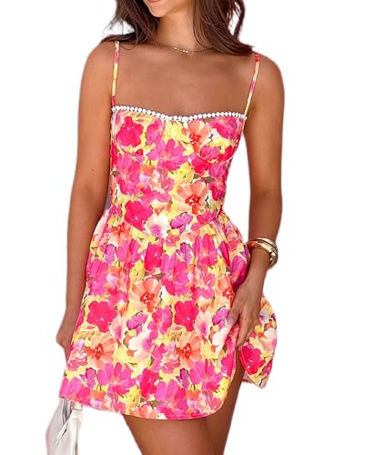 Image of Women Boho Floral Mini Cami Dress Spaghetti Strap Flowy Sling Dress Graphic Backless Summer Holiday Sundress
