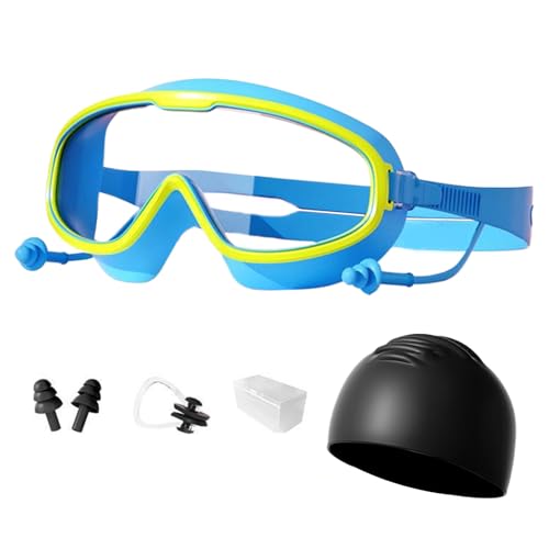 Generisch Gafas de natación para niños, gran angular, antivaho, juego impermeable con clip para la nariz, tapones para los oídos y gorro para actividades al aire libre