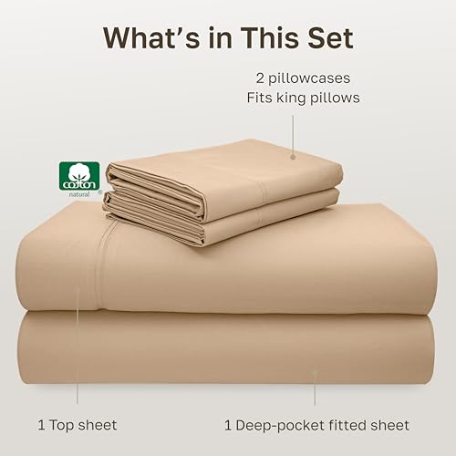 Image of California Design Den King Size Sheets Set 600 Thread Count, 100% Cotton Sateen, Soft, King Size Bed Sheets, Bedding Sheets & Pillowcases (Golden Tan)