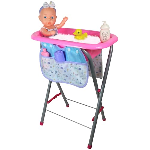 Lissi: 12" Baby Doll Bath Tub Set - Pink-Purple-Sea Design, Care Accessories, Convertible Bathing Station-Table, Swimsuit Outfit & Headband, Kids 2+