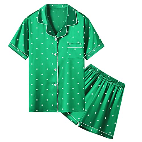 Women Pajamas Set, Satin Short Sleeve Button Down Shirt Top + Elastic Waist Shorts Sets Summer Pajamas for Women, Green Dots, US L