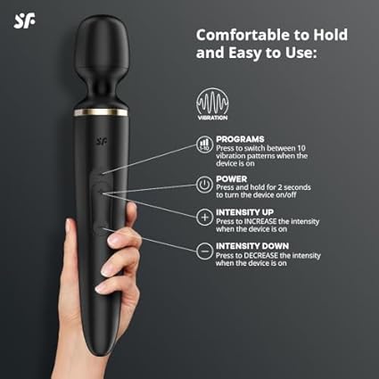 Satisfyer 'Wand-er Woman' Varita masajeadora con 50 modos de vibración 34 cm | Fuerte y Silenciosa | Masaje corporal para mujeres y hombres | Pequeño dispositivo de masaje completo | Negro