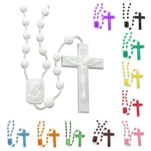 RosaryMart Catholic Rosary Beads for Prayer White Plastic Rosary Necklace with Crucifix Durable Nylon Cord Made in Italy Devotional Prayer Beads for Women and Men Pack of 25