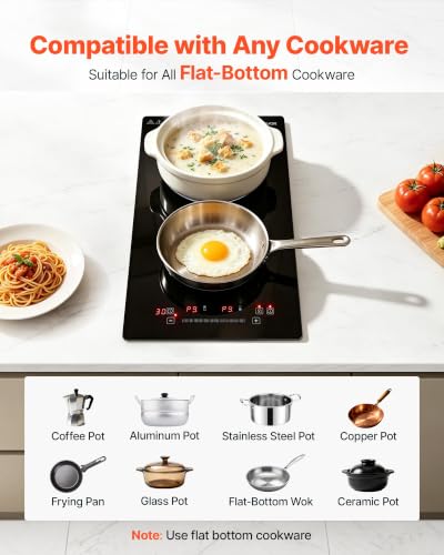 Image of VEVOR Electric Cooktop 12inch 2 Burners Portable Stove Top 1800W 120V, Ceramic Countertop /Built-in Radiant Electric Stove, with 9 Power Levels, Timer, Child Lock, Over-Heat Guard, Touch Control