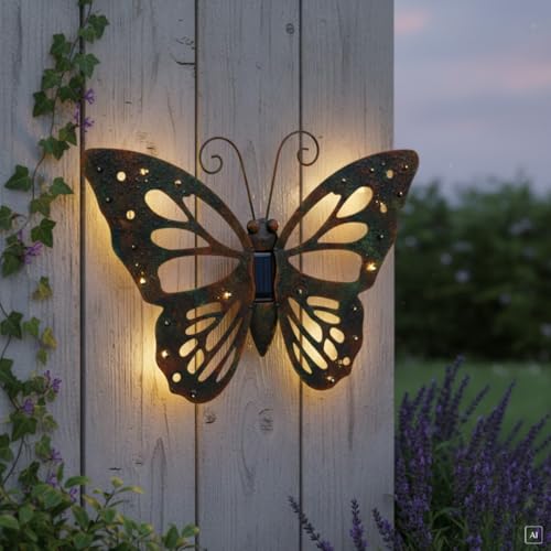 abc HOME | Solar Wanddeko Schmetterling Metall 42 cm Groß LED Gartenfigur für Außen mit Lichtsensor Leuchtende Wanddekoration Schmetterling wetterfest