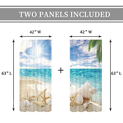 Cinbloo Tropical Ocean Beach Curtains Rod Pocket 42Wx63L Inch Nautical Coastal Sea Starfish Seashell Landscape Seashore Scenery Seascape Sand Hawaiian Bedroom Living Room Window Drapes Fabric 2 Panel #TOP3