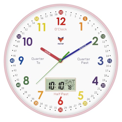 Foxtop Digital and Analog Learning Clock for Kids -Teaching Clock 12" Pink