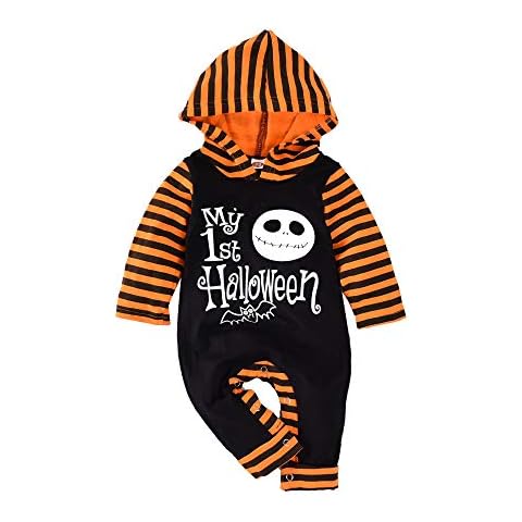 Baby Halloween Outfit First Halloween Pumpkin Hoodie Romper Onesie One-Piece Jumpsuit for Toddler Boys Girls - Black - 6-9 Months Cover