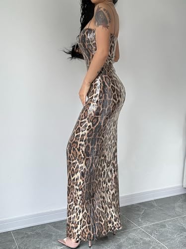 Women's Leopard Print Sequin Maxi Dress Glitter Sexy Bodycon Sleeveless Long Dress3