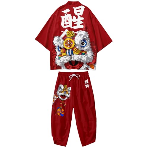Image of DOSLAVIDA Men's Japanese Kimono Jacket Set Stylish Open Front Coat With Shorts Chinese Style Printed Cardigan Suit
