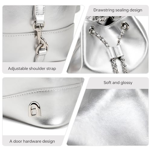 LA FESTIN Leather Purses for Women Cute Backpack Lightweight Shoulder Small Trendy Bucket Handbags with Strap Silver Chain(Silver)3