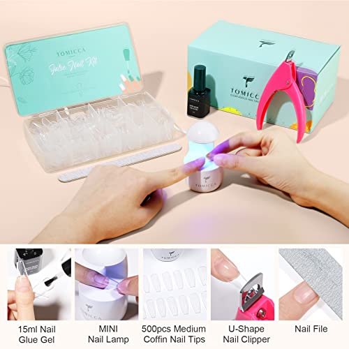 Tomicca Nail Tips And Glue Gel Kit - 500Pcs Coffin Soft Gel Nail Tips, Portable Uv Led Nail Lamp And 15Ml 4 In 1 Nail Glue Gel, Professional Acrylic Gel Nail Kit, Easy Diy Nail Art Extension Kit #TOP6