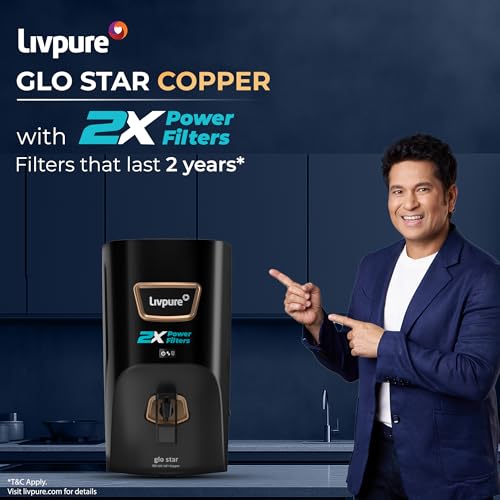 Image of Livpure Glo Star Copper Water Purifier | RO+UV+UF+Copper+Mineraliser | 2X Power Filter | No Filter Cost for 2 years* | Save upto 21,000 on Filters | 8 Stage Advance Purification | 7L Storage | Black