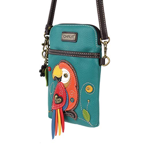 CHALA Bird Collection Cell Phone Crossbody Purse-Women PU Leather/Canvas Multicolor Handbag with Adjustable Strap - Red Parrot - turquoise