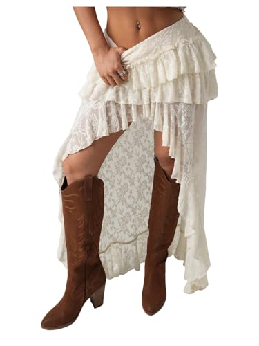 SHENHE Women's High Low Lace Skirt Low Rise Layered Ruffle Western Boho Hippie Fairy Long Skirt