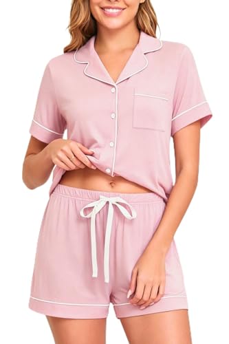 Image of Veseacky Womens Pajamas Set Short Sleeve Sleepwear Button Down Pjs Comfy 2 Pieces Soft Lounge Set S-XXL