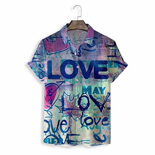 Chemise hawaïenne imprimé graffiti bleu et lettres d'amour coupe décontractée à boutons