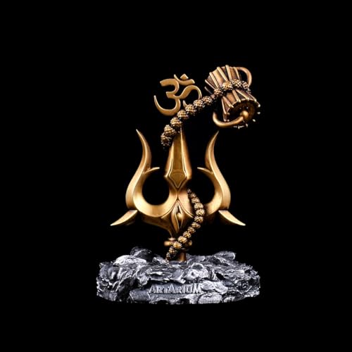 Image of Artarium Trishul with Damru Traditional Trishul Damru Shiva Trishul Idol Decorative Showpiece for Car Dashboard Home Decor Pooja Room (Trishul with Damru- Black Base 3.9 Inch)