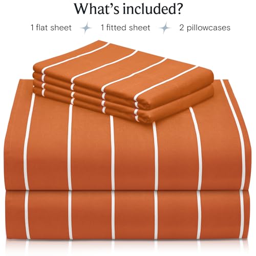 Image of LuxClub 4 PC Sheet Set Bed Sheets Deep Pockets 16 inch Wrinkle Free Cooling Machine Washable Hotel Bedding Silky Soft - Striped-Autumn Orange Full